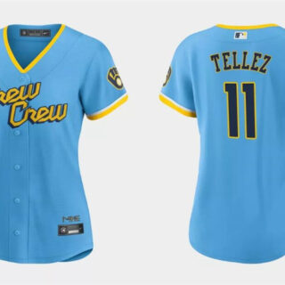 Women's Milwaukee Brewers #11 Rowdy Tellez 2022 Powder Blue City Connect Cool Base Stitched Jersey(Run Small)