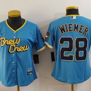 Women's Milwaukee Brewers #28 Joey Wiemer Powder Blue City Connect Cool Base Stitched Jersey