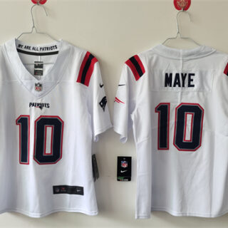 Women's New England Patriots #10 Drake Maye 2024 Draft White Vapor Untouchable Limited Stitched Jersey(Run Small)
