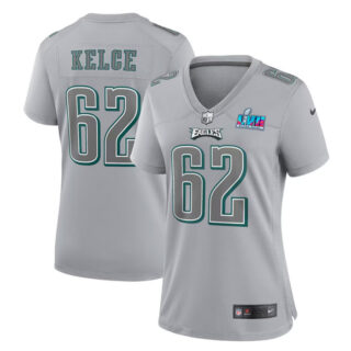 Women's Philadelphia Eagles #62 Jason Kelce Grey Super Bowl LVII Patch Atmosphere Fashion Stitched Game Jersey(Run Small)