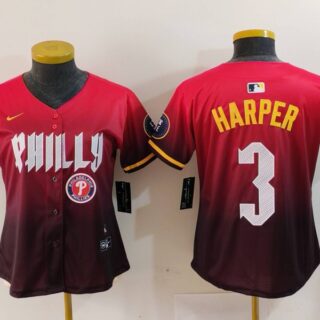 Women's Philadelphia Phillies #3 Bryce Harper Red 2024 City Connect Limited Stitched Baseball Jerseys