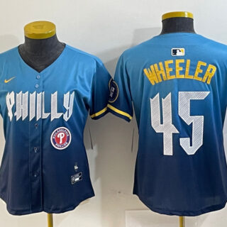 Women's Philadelphia Phillies #45 Zack Wheeler Blue 2024 City Connect Limited Stitched Baseball Jersey
