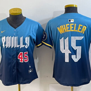 Women's Philadelphia Phillies #45 Zack Wheeler Blue 2024 City Connect Limited Stitched Baseball Jersey