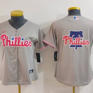 Women's Philadelphia Phillies Grey Team Big Logo Cool Base Stitched Baseball Jersey(Run Small)