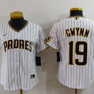Women's San Diego Padres #19 19 Tony Gwynn White With PS Patch Cool Base Stitched Baseball Jersey