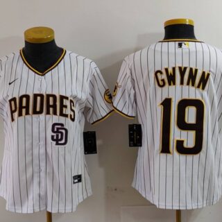 Women's San Diego Padres #19 19 Tony Gwynn White With PS Patch Cool Base Stitched Baseball Jerseys
