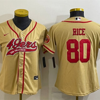 Women's San Francisco 49ers #80 Jerry Rice Gold With Patch Cool Base Stitched Baseball Jersey(Run Small)
