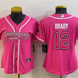 Women's Tampa Bay Buccaneers #12 Tom Brady Pink With Patch Cool Base Stitched Baseball Jersey(Run Small)