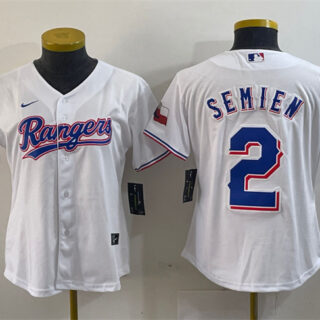 Women's Texas Rangers #2 Marcus Semien White With Patch Stitched Baseball Jersey(Run Small)