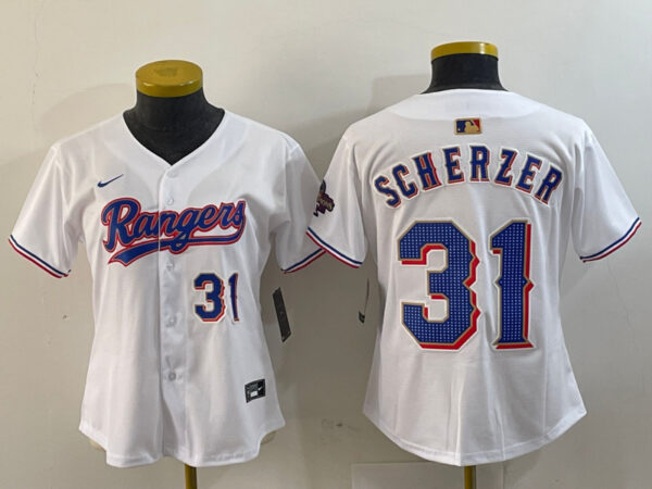 Women's Texas Rangers #31 Max Scherzer White Gold Stitched Baseball Jersey(Run Small)