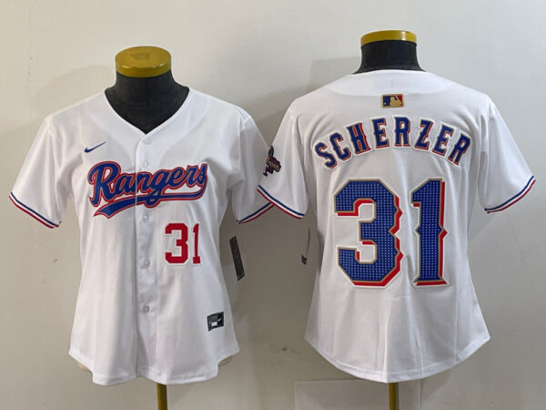 Women's Texas Rangers #31 Max Scherzer White Gold Stitched Baseball Jersey(Run Small)