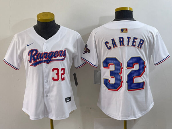 Women's Texas Rangers #32 Evan Carter White Gold Stitched Baseball Jersey(Run Small)