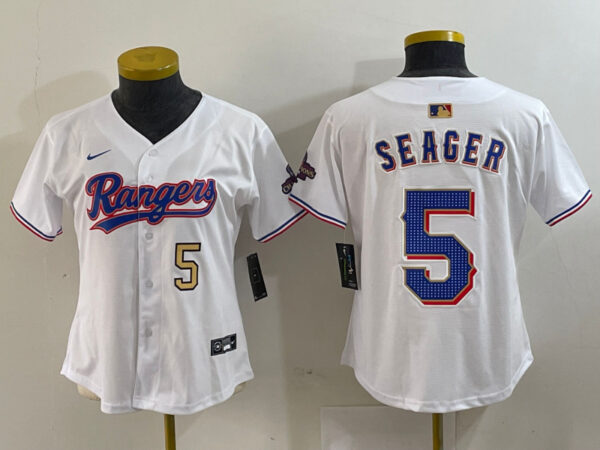 Women's Texas Rangers #5 Corey Seager White Gold Stitched Baseball Jersey(Run Small)