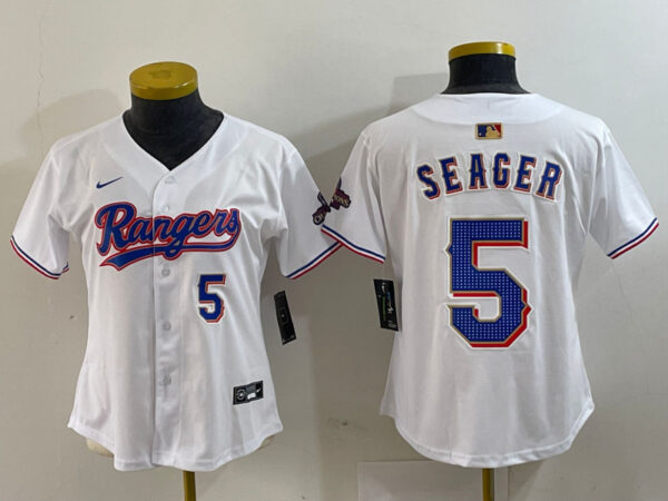 Women's Texas Rangers #5 Corey Seager White Gold Stitched Baseball Jersey(Run Small)