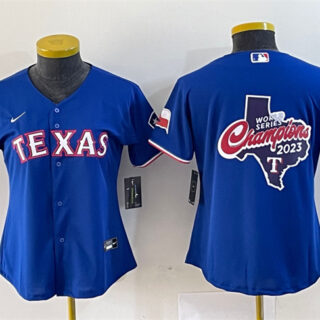 Women's Texas Rangers Royal 2023 World Series Champions Big Logo With Patch Stitched Baseball Jersey(Run Small)