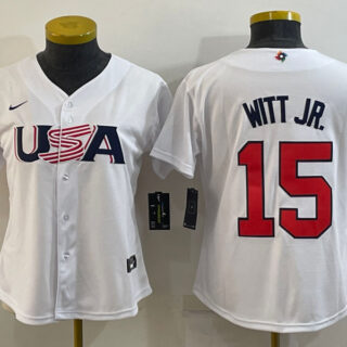 Women's USA Baseball #15 Bobby Witt Jr. 2023 White World Baseball Classic Stitched Jersey(Run Small)