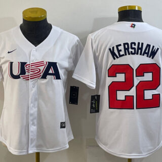 Women's USA Baseball #22 Clayton Kershaw 2023 White World Baseball Classic Stitched Jersey(Run Small)