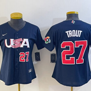 Women's USA Baseball #27 Mike Trout 2023 Navy World Baseball Classic With Patch Stitched Jersey(Run Small)