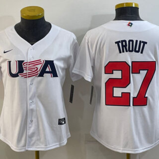Women's USA Baseball #27 Mike Trout 2023 White World Baseball Classic Stitched Jersey(Run Small)