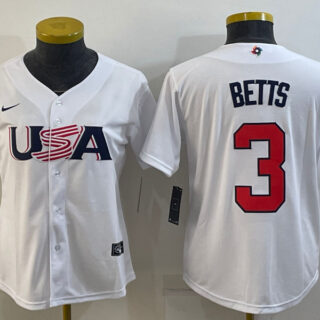 Women's USA Baseball #3 Mookie Betts 2023 White World Baseball Classic Stitched Jersey(Run Small)