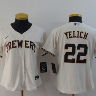 Women Brewers 22 Christian Yelich Cream Women Nike 2020 Cool Base Jersey