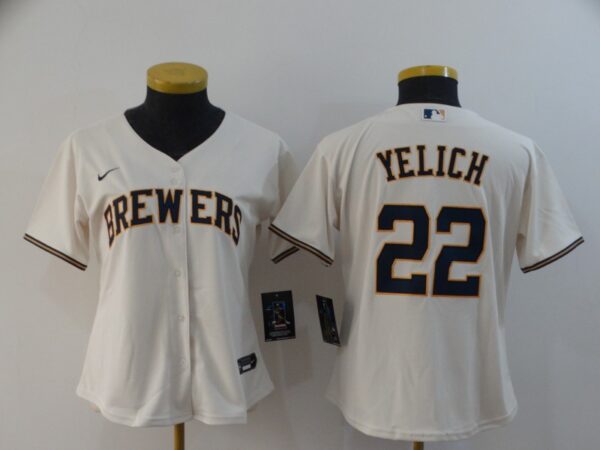 Women Brewers 22 Christian Yelich Cream Women Nike 2020 Cool Base Jersey