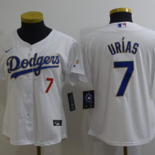 Women Dodgers 7 Julio Urias White Women Nike 2021 Gold Program Cool Base Jersey