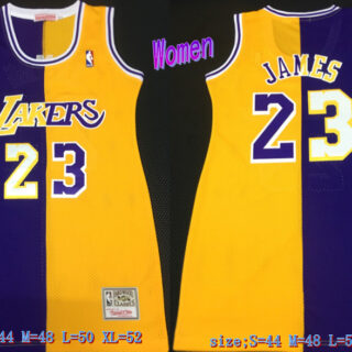 Women Lakers 23 LeBron James Split Purple Yellow Women Hardwood Classics Mesh Jersey