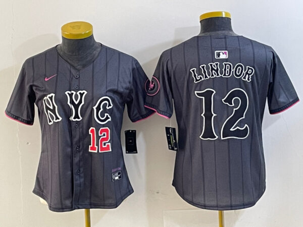 Women New York Mets #12 Francisco Lindor Graphite 2024 City Connect Limited Stitched Baseball Jersey
