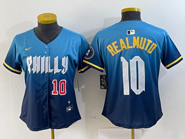 Women Philadelphia Phillies #10 J.T. Realmuto Blue 2024 City Connect Limited Stitched Baseball Jersey