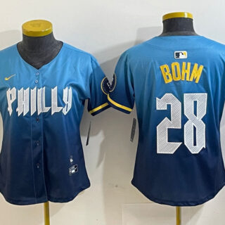 Women‘s Philadelphia Phillies #28 Alec Bohm Blue 2024 City Connect Limited Stitched Baseball Jersey