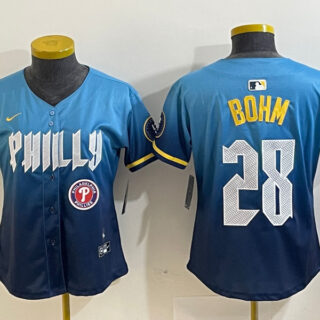Women‘s Philadelphia Phillies #28 Alec Bohm Blue 2024 City Connect Limited Stitched Baseball Jersey