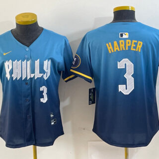 Women Philadelphia Phillies #3 Bryce Harper Blue 2024 City Connect Limited Stitched Jersey