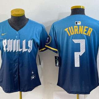Women Philadelphia Phillies #7 Trea Turner Blue 2024 City Connect Limited Stitched Jersey