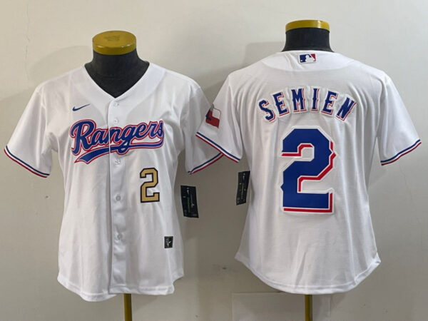 Women Texas Rangers #2 Marcus Semien White Gold Cool Base Stitched Baseball Jersey