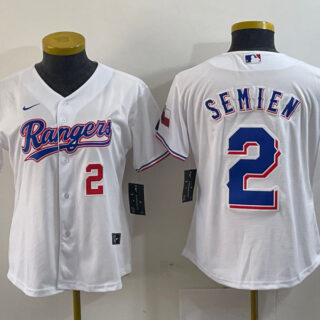 Women Texas Rangers #2 Marcus Semien White Gold Cool Base Stitched Baseball Jersey