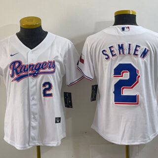 Women Texas Rangers #2 Marcus Semien White Gold Cool Base Stitched Baseball Jersey