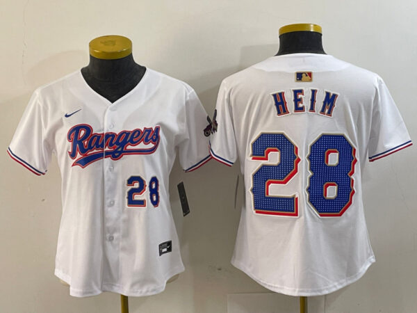 Women Texas Rangers #28 Jonah Heim White Gold Cool Base Stitched Baseball Jersey