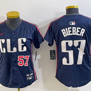 Women's Cleveland Guardians #57 Shane Bieber Navy 2024 City Connect Limited Stitched Baseball Jerseys