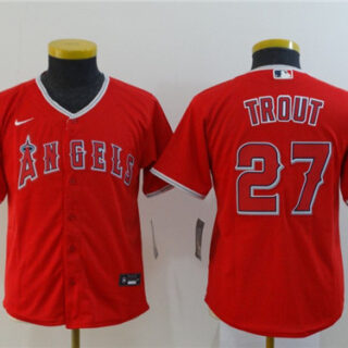 Youth Angels 27 Mike Trout Red Youth 2020 Nike Cool Base Jersey