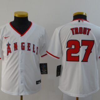 Youth Angels 27 Mike Trout White Youth 2020 Nike Cool Base Jersey