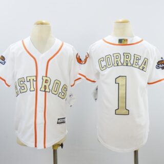 Youth Astros 1 Carlos Correa White Youth 2018 Gold Program Cool Base Jersey