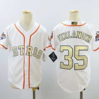 Youth Astros 35 Justin Verlander White Youth 2018 Gold Program Cool Base Jersey