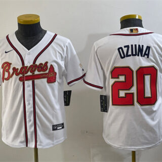 Youth Atlanta Braves #20 Marcell Ozuna White Gold World Series Champions Program Stitched Jersey
