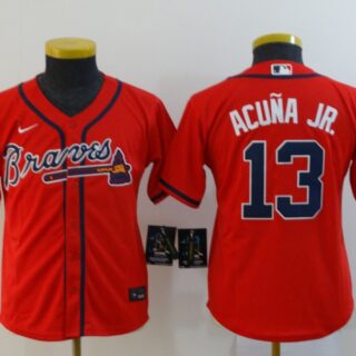Youth Braves 13 Ronald Acuna Jr. Red Youth 2020 Nike Cool Base Jersey