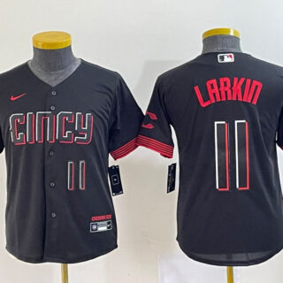 Youth Cincinnati Reds #11 Barry Larkin Black 2023 City Connect With Patch Stitched Baseball Jersey