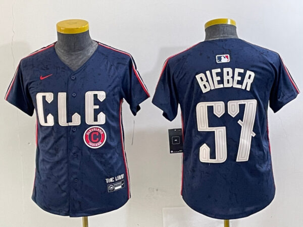 Youth Cleveland Guardians #57 Shane Bieber Navy 2024 City Connect Limited Stitched Baseball Jerseys