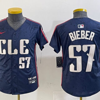 Youth Cleveland Guardians #57 Shane Bieber Navy 2024 City Connect Limited Stitched Baseball Jerseys