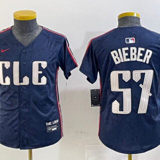 Youth Cleveland Guardians #57 Shane Bieber Navy 2024 City Connect Limited Stitched Baseball Jerseys
