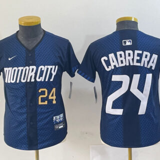 Youth Detroit Tigers #24 Miguel Cabrera 2024 Navy City Connect Cool Base Limited Stitched Baseball Jersey(Run Small)